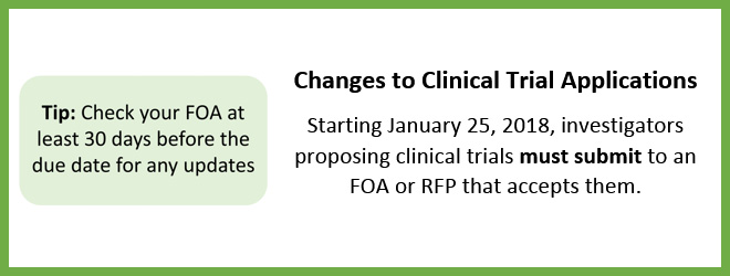 Changes to Clinical Trial Applications Starting January 25, 2018, investigators proposing clinical trials must submit to an FOA or RFP that accepts them.