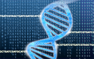 The DNA double helix rests on a field of ACGTs and binary numbers.